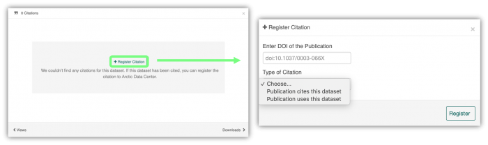 Figure 1. Screenshots of the register citation feature. Image courtesy of the Arctic Data Center.