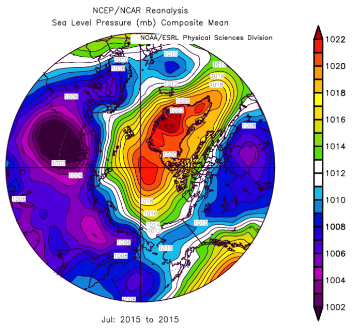 Figure 2. Sea level pressure for July 2015. NCEP/NCAR Reanalysis from the NOAA/ESRL Physical Sciences Division.