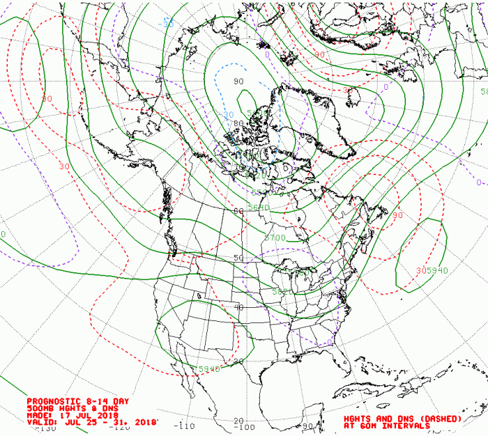 Figure 12: Extended range (for July 25-31) forecast of 500 hPa geopotential heights (green contours) and anomalies (dotted contours). Figure courtesy of NOAA/National Weather Service.