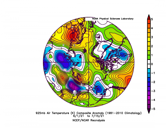 Figure 6. Air temperature anomaly at the 925 mb level for 1 June through 15 July 2021. Figure courtesy of the NOAA/ESRL Physical Sciences Laboratory, Boulder Colorado, Kalnay et al., 1996.