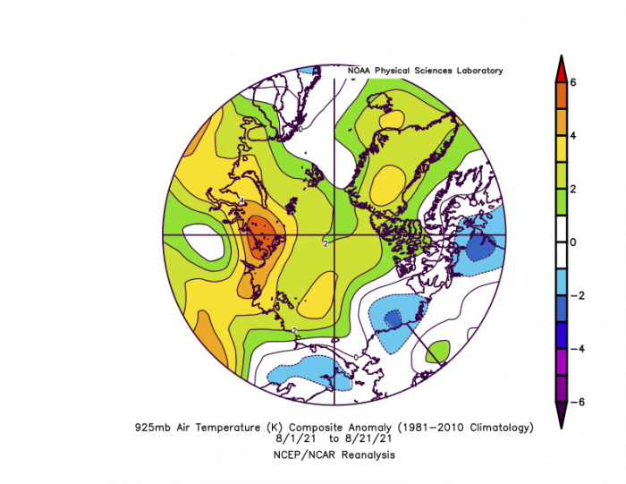 Figure 6. Departure from average air temperature in the Arctic at the 925 hPa level, in degrees Celsius, from 1–21 August 2021. Yellows and reds indicate higher-than-average temperatures; blues and purples indicate lower-than-average temperatures. Figure courtesy of NOAA Earth System Research Laboratories: Physical Sciences Laboratory.