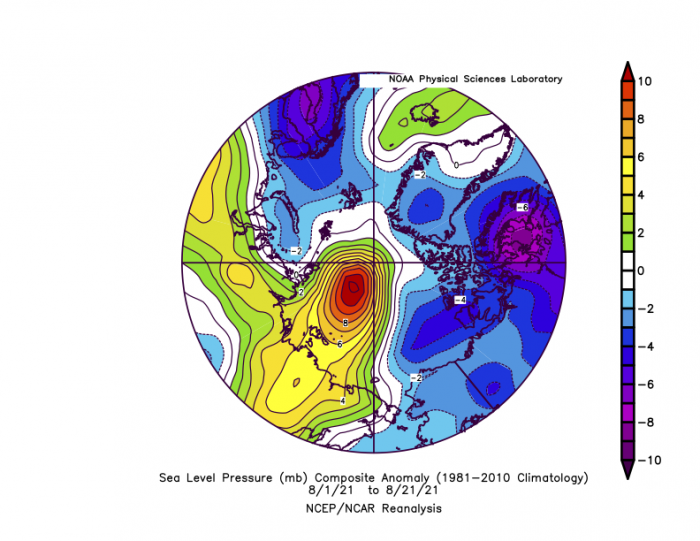 Figure 7. Average sea-level pressure in the Arctic in millibars (hPa) from 1–21 August 2021. Yellows and reds indicate higher air pressure than average; blues and purples indicate lower pressure than average. Figure courtesy of NOAA Earth System Research Laboratories: Physical Sciences Laboratory.