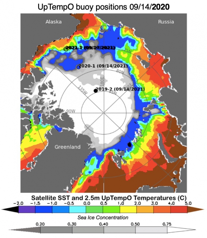 Figure 11. Sea surface temperature (SST, color contours) from NOAA&#39;s OISSTv2.1 data set (Banzon et al. 2020), and ice concentration (gray contours) from NSIDC&#39;s near-real-time SSMIS data set (Maslanik and Stroeve 1999) for 14 September 2021. Colored dots indicate drifting UpTempO buoy SSTs. 