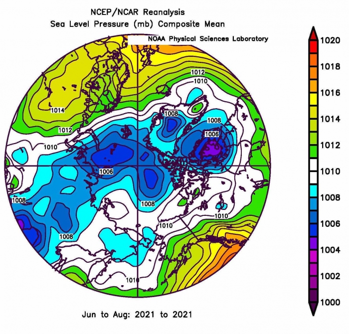 Figure 12. Sea-level pressure field (mb) averaged for June through August of 2021.