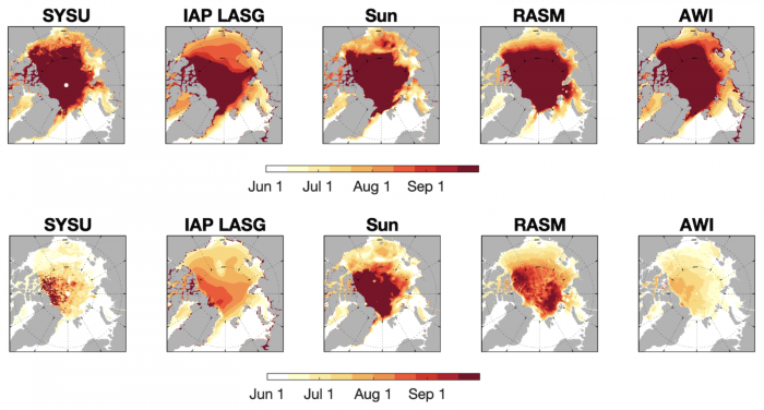 Figure 9. Ice-free date (IFD) forecast for IFD15 (top row) and IFD80 (bottom row).