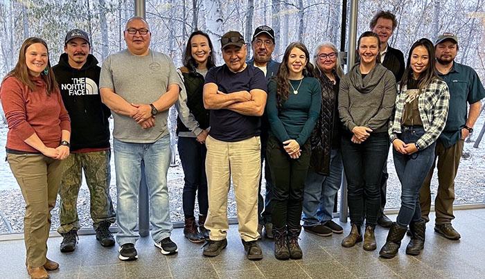 Figure 4. AAOKH Steering Group members attending 30 November 2022 meeting, from left: Donna Hauser, Guy Omnik, Billy Adams, Roberta Glenn, Robert Bobby Schaeffer, Joe Leavitt, Alexandra Ravelo, Carla SimsKayotuk, Krista Hearing, Hajo Eicken, Elizabeth Lindley, and Josh Jones. Photo courtesy of Donna Hauser.